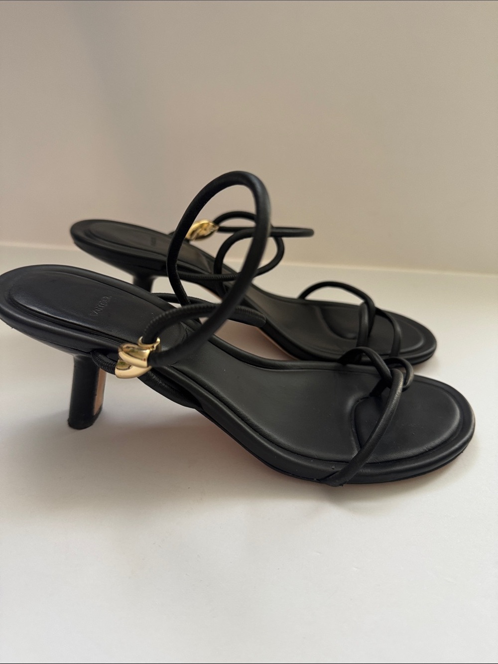 Vince Black Strappy Sandals with Gold Accent